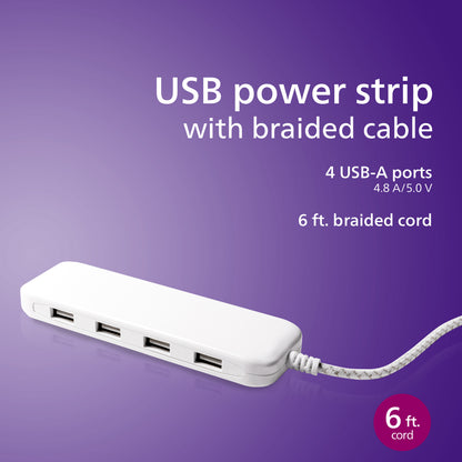 Philips USB Extension Bar, 4 USB-A ports, 4.8A, 24W, 6ft Braided Cord, White