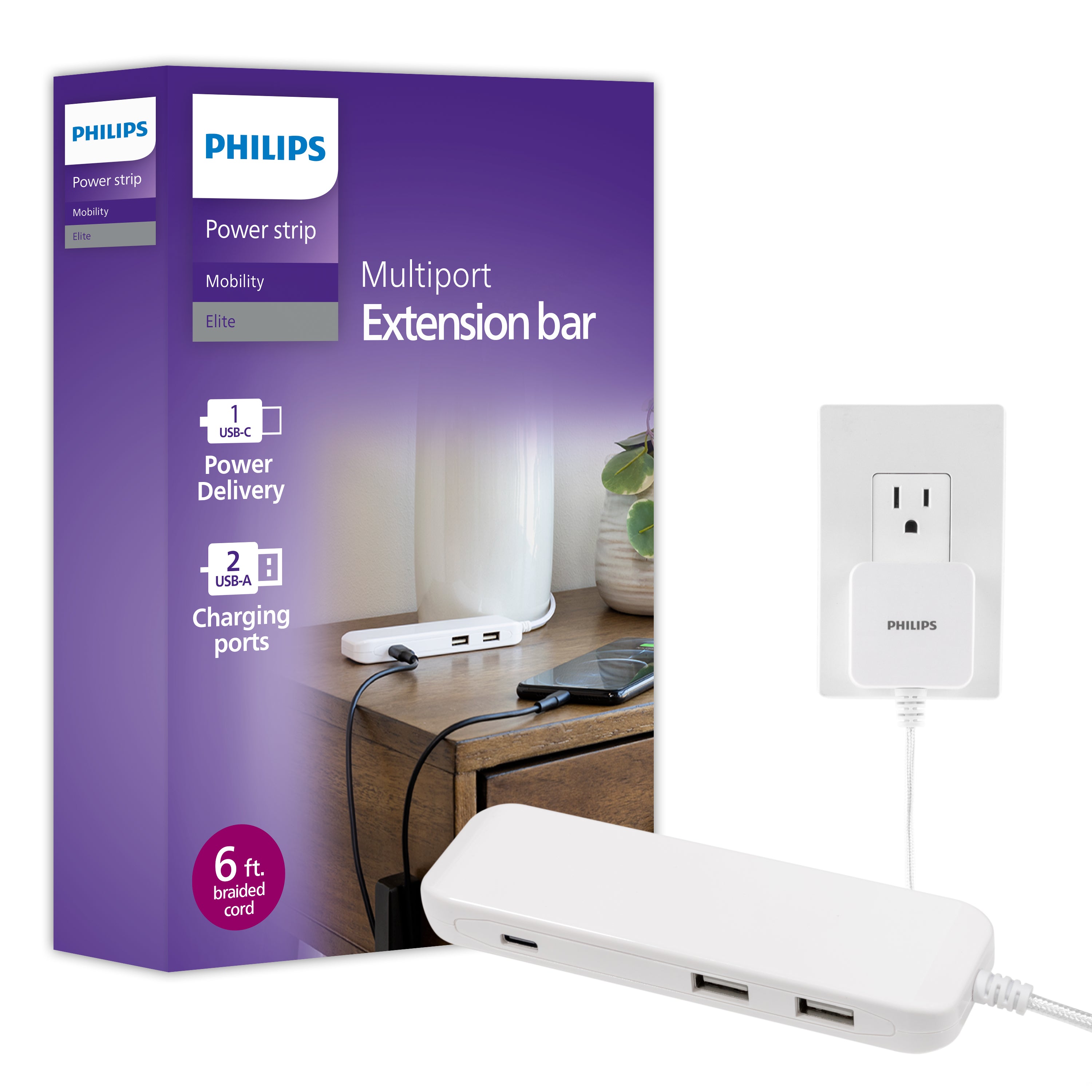 Philips USB Extension Bar, 3 ports, 2 USB-A ,1 20W USB-C, 32W Total, 6ft. Cable, White