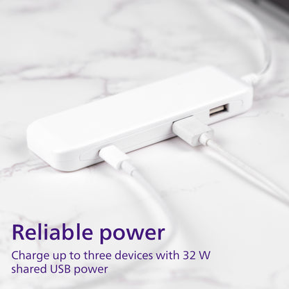Philips USB Extension Bar, 3 ports, 2 USB-A ,1 20W USB-C, 32W Total, 6ft. Cable, White