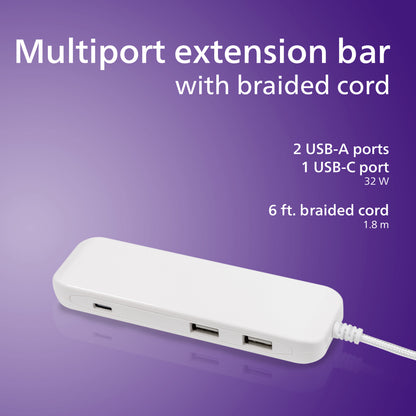 Philips USB Extension Bar, 3 ports, 2 USB-A ,1 20W USB-C, 32W Total, 6ft. Cable, White