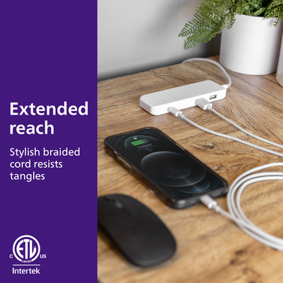 Philips USB Extension Bar, 3 ports, 2 USB-A ,1 20W USB-C, 32W Total, 6ft. Cable, White