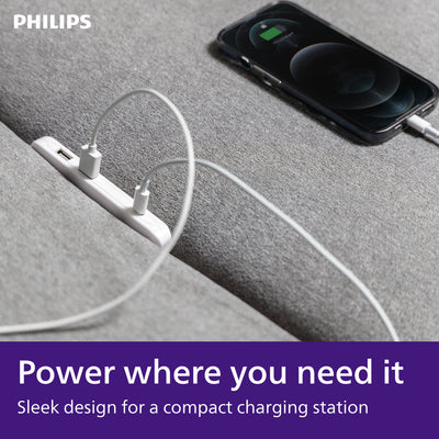 Philips USB Extension Bar, 3 ports, 2 USB-A ,1 20W USB-C, 32W Total, 6ft. Cable, White