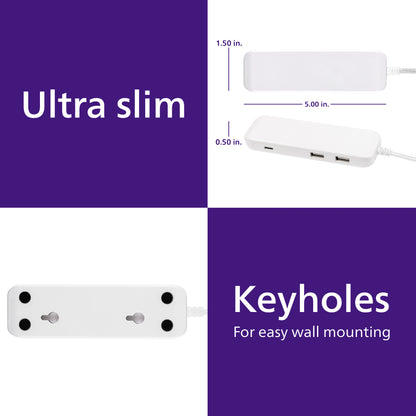 Philips USB Extension Bar, 3 ports, 2 USB-A ,1 20W USB-C, 32W Total, 6ft. Cable, White