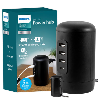 Philips Desktop Power Hub, 2 outlets, 3 USB-A, 1 USB-C, 5ft. cord, black