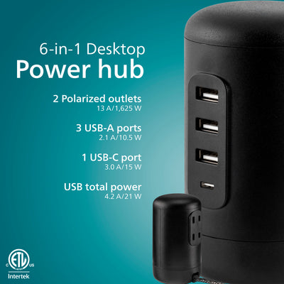 Philips Desktop Power Hub, 2 outlets, 3 USB-A, 1 USB-C, 5ft. cord, black