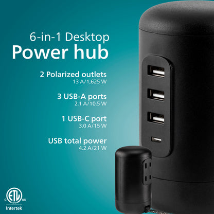 Philips Desktop Power Hub, 2 outlets, 3 USB-A, 1 USB-C, 5ft. cord, black