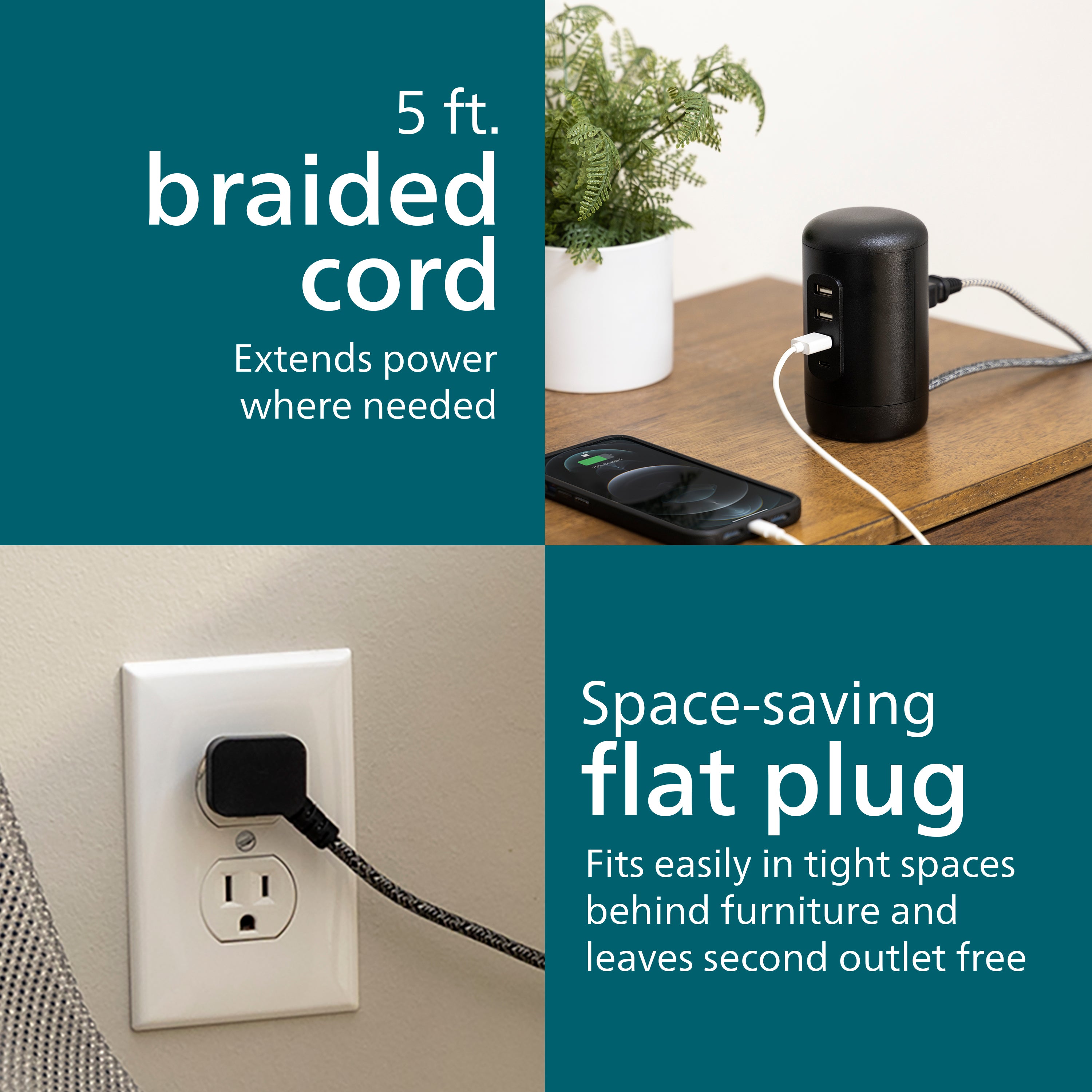 Philips Desktop Power Hub, 2 outlets, 3 USB-A, 1 USB-C, 5ft. cord, black