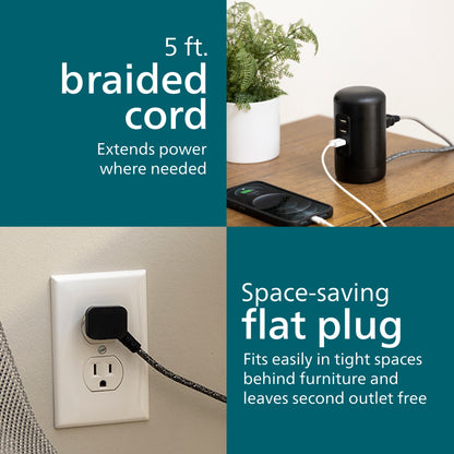 Philips Desktop Power Hub, 2 outlets, 3 USB-A, 1 USB-C, 5ft. cord, black