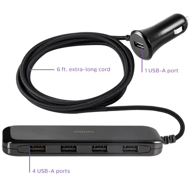Philips DC USB Extension Bar, 5 Ports, 31.5W, 6ft. Cable, Black