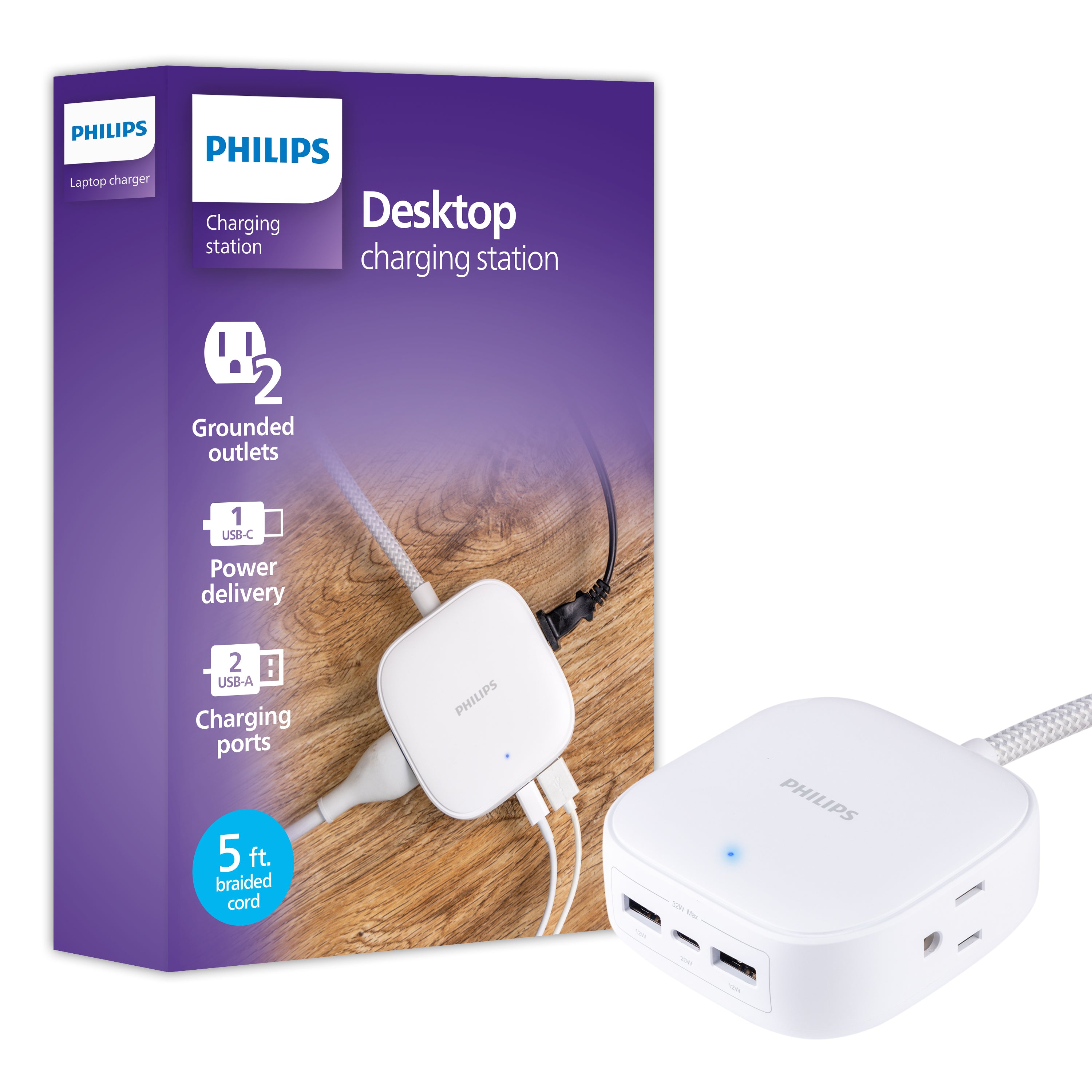 Philips Desktop Charging Hub, 2 outlets, 2 USB-A, 1 USB-C, 5ft. Braided Cord, White