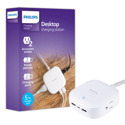 Philips Desktop Charging Hub, 2 outlets, 2 USB-A, 1 USB-C, 5ft. Braided Cord, White