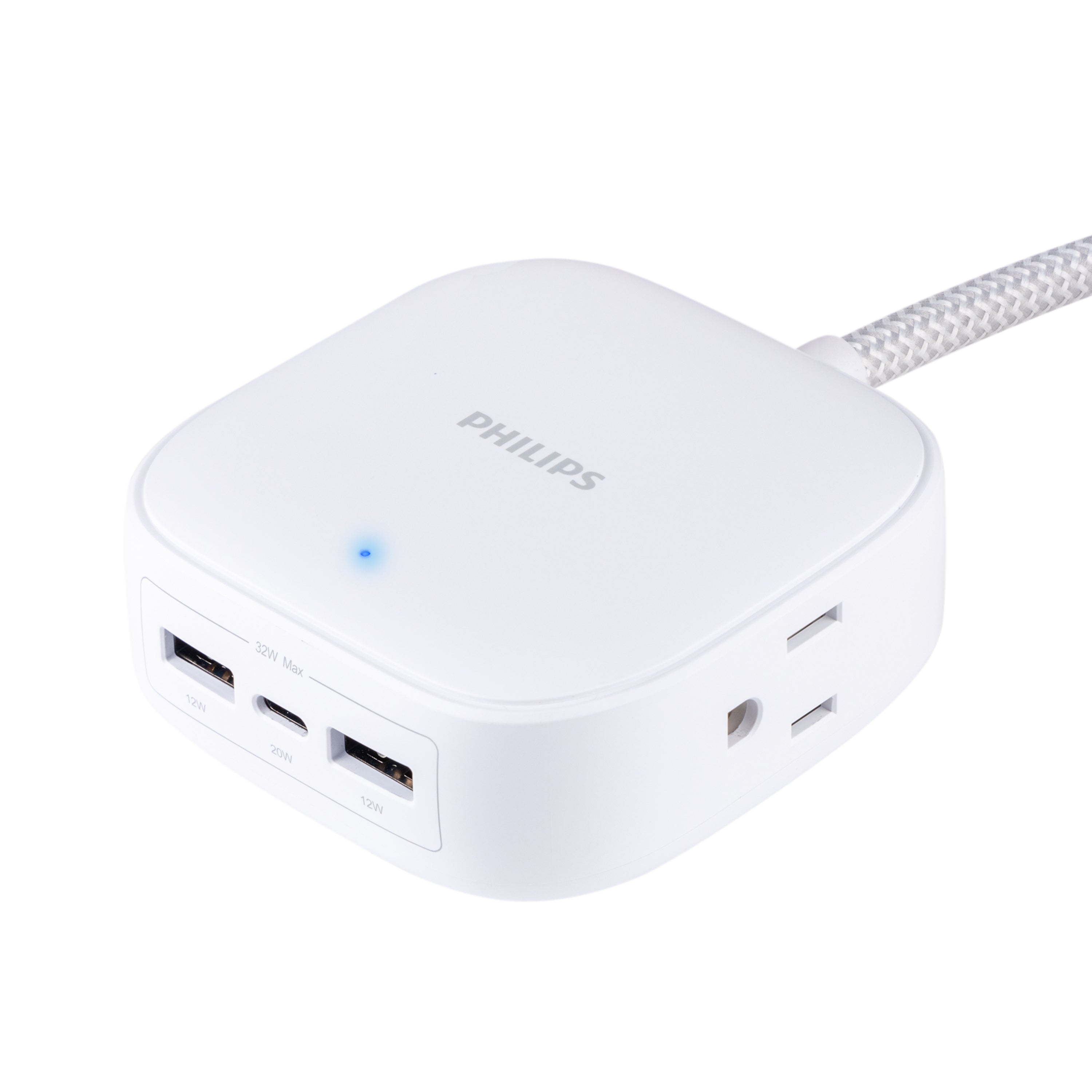Philips Desktop Charging Hub, 2 outlets, 2 USB-A, 1 USB-C, 5ft. Braided Cord, White