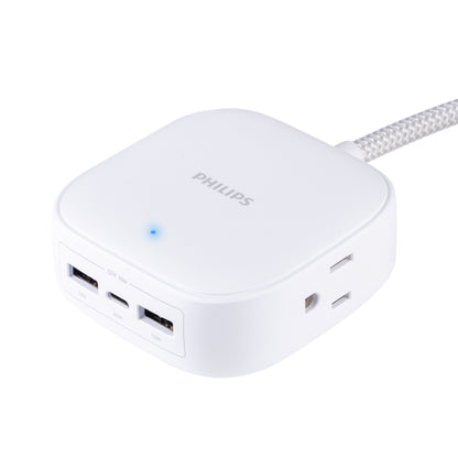 Philips Desktop Charging Hub, 2 outlets, 2 USB-A, 1 USB-C, 5ft. Braided Cord, White
