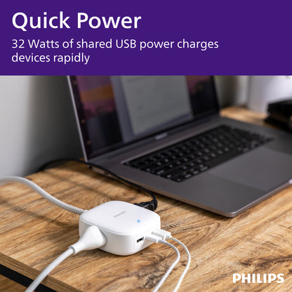 Philips Desktop Charging Hub, 2 outlets, 2 USB-A, 1 USB-C, 5ft. Braided Cord, White