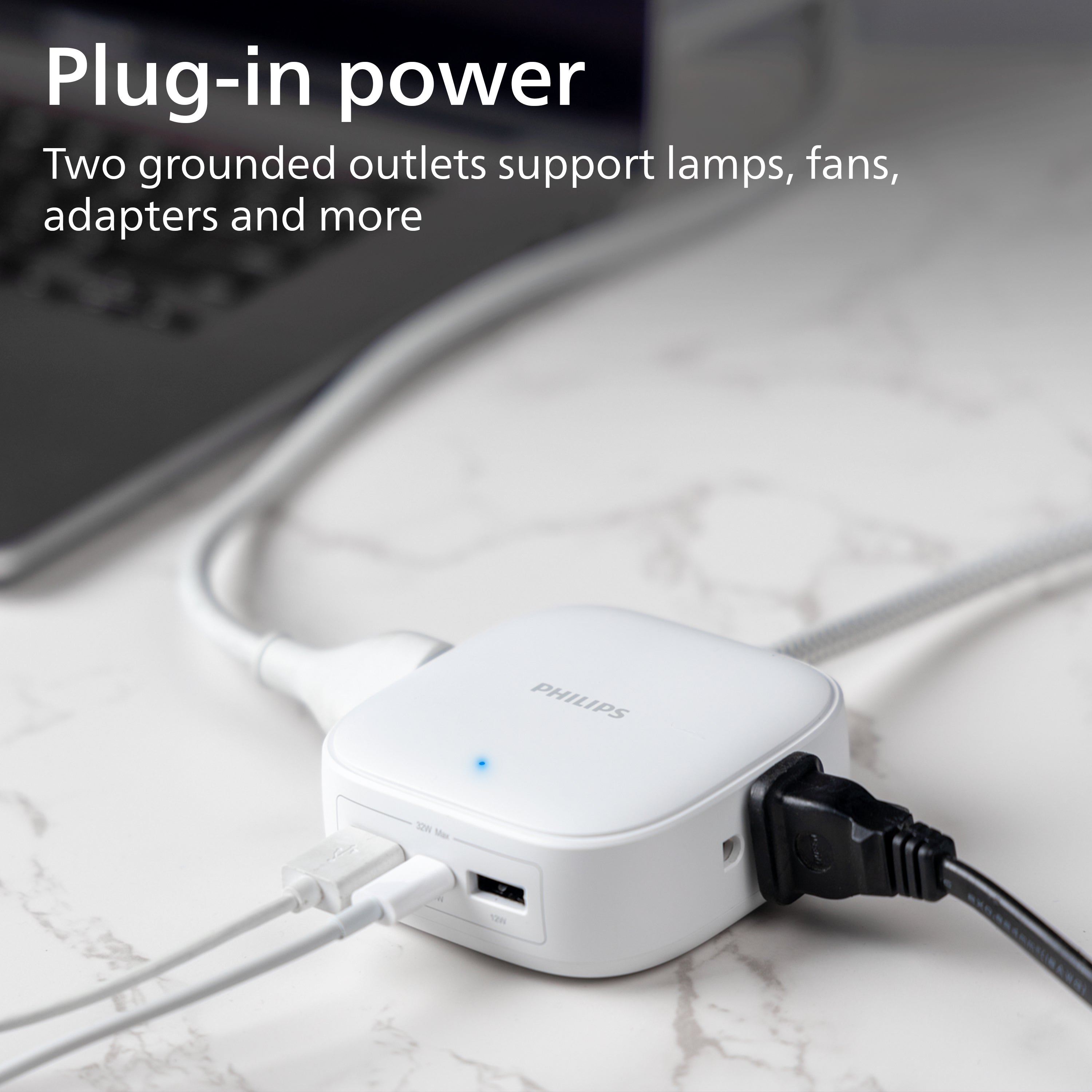 Philips Desktop Charging Hub, 2 outlets, 2 USB-A, 1 USB-C, 5ft. Braided Cord, White