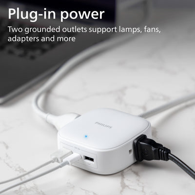 Philips Desktop Charging Hub, 2 outlets, 2 USB-A, 1 USB-C, 5ft. Braided Cord, White