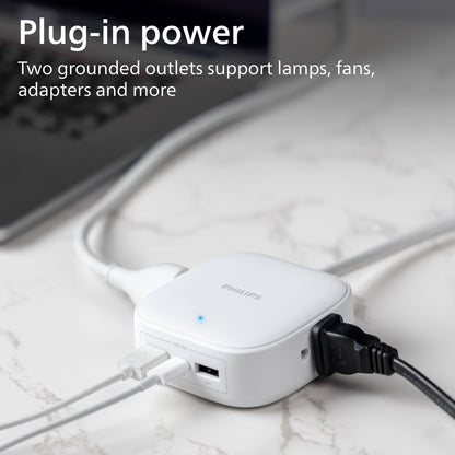 Philips Desktop Charging Hub, 2 outlets, 2 USB-A, 1 USB-C, 5ft. Braided Cord, White