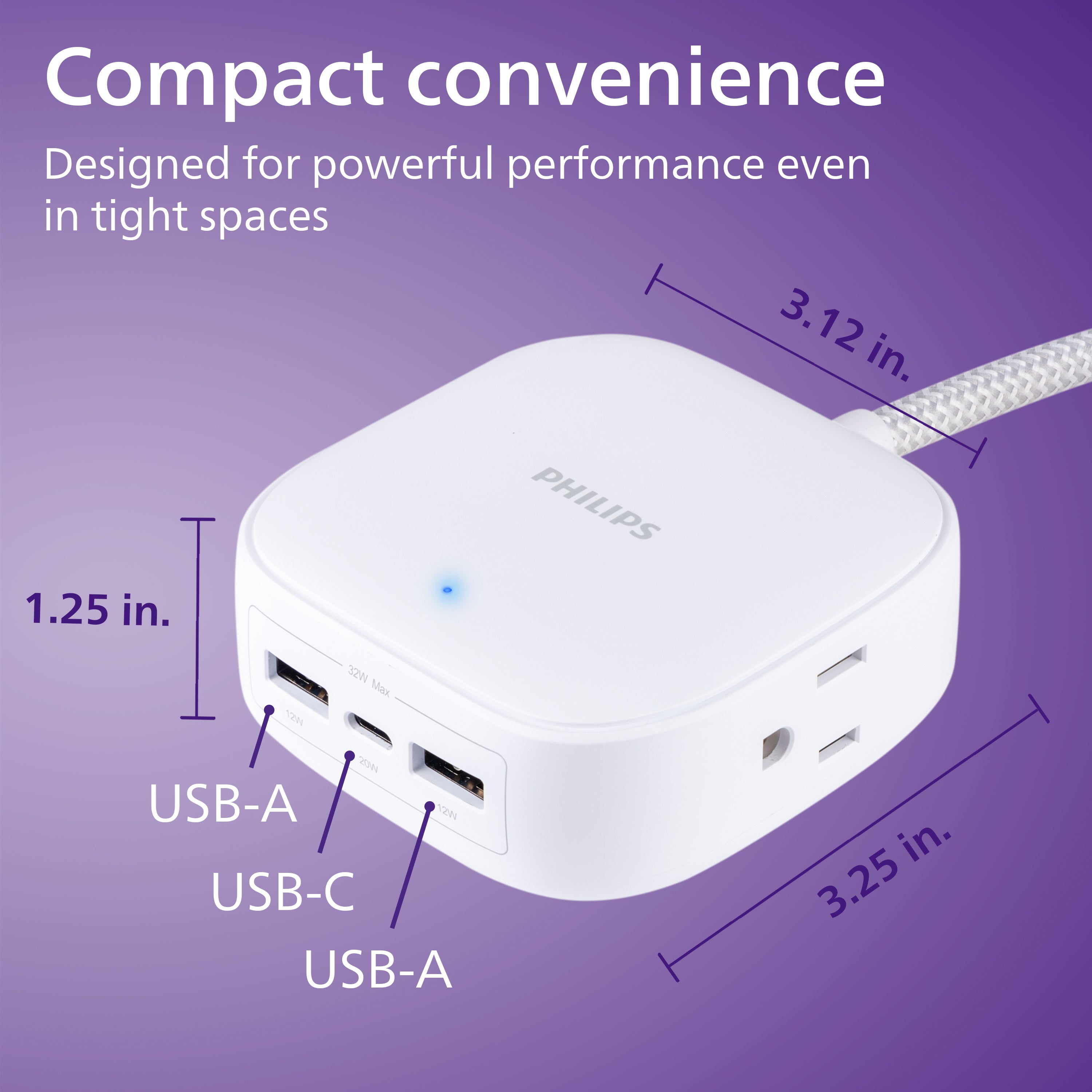 Philips Desktop Charging Hub, 2 outlets, 2 USB-A, 1 USB-C, 5ft. Braided Cord, White