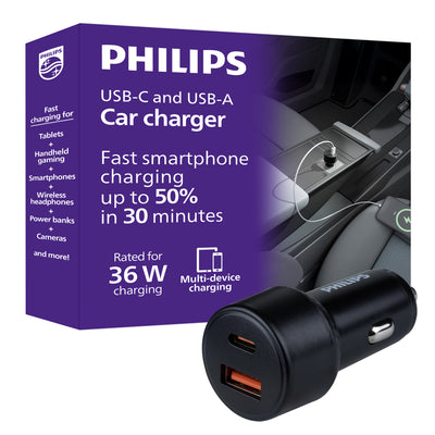 Philips Dual USB Car Charger USB-A and USB-C