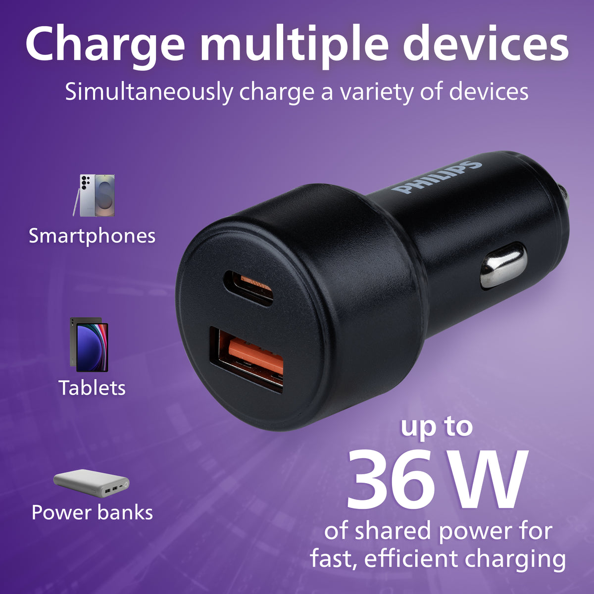 Philips Dual USB Car Charger USB-A and USB-C
