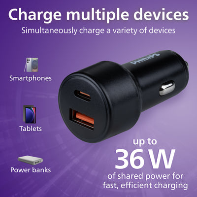 Philips Dual USB Car Charger USB-A and USB-C
