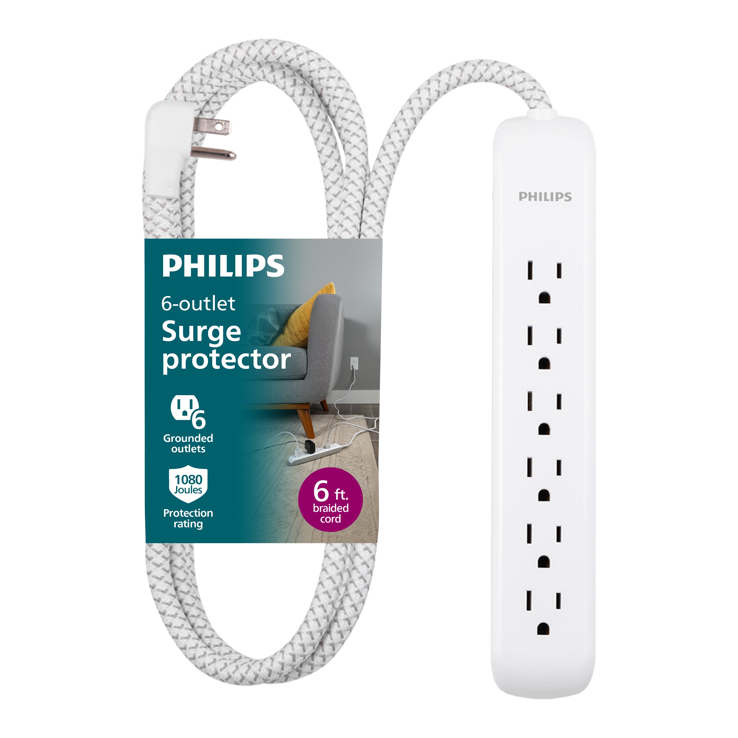 Philips 6-Outlet Surge Protector, 1080J, 6ft Braided Cord, White/Gray