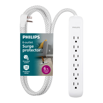 Philips 6-Outlet Surge Protector, 1080J, 6ft Braided Cord, White/Gray