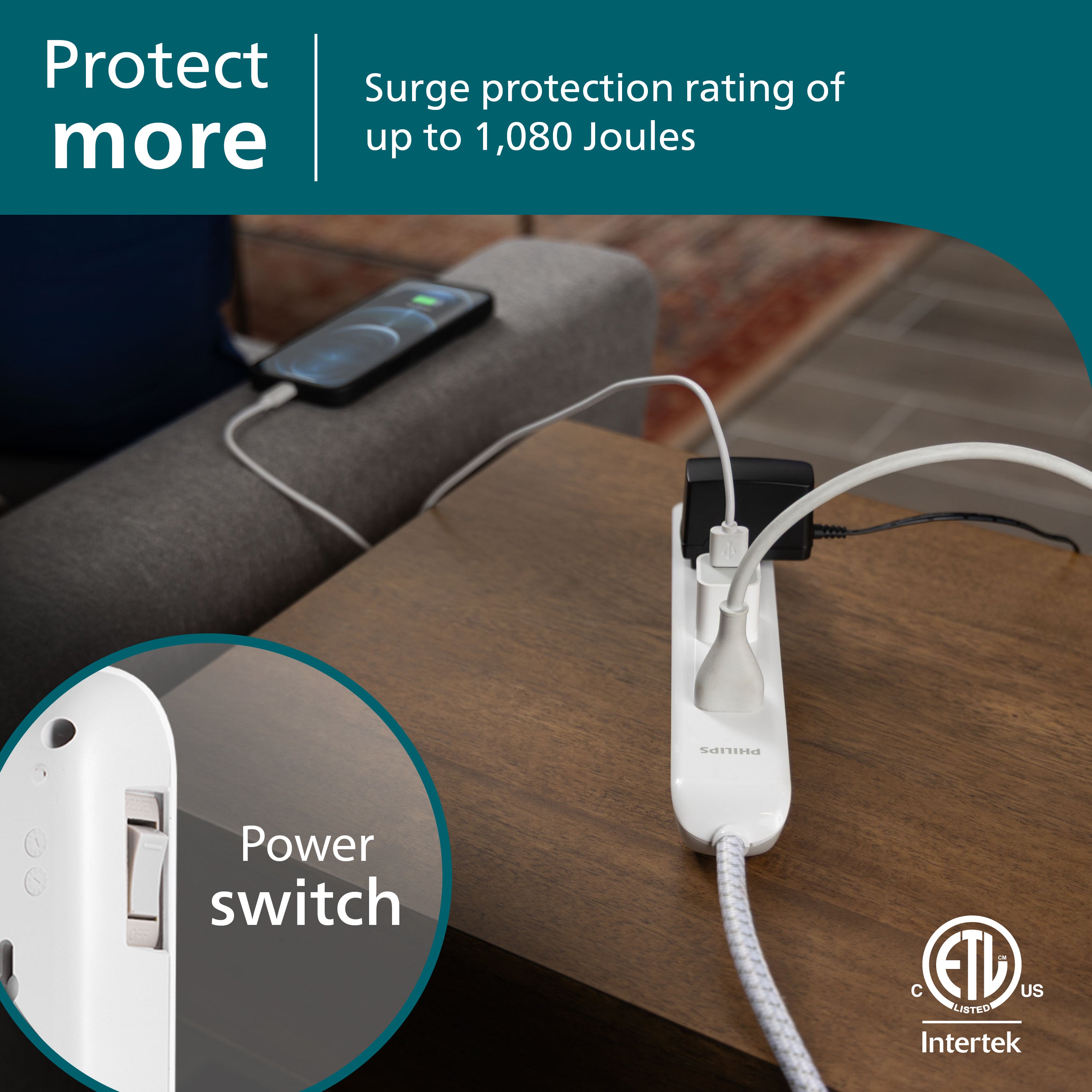 Philips 6-Outlet Surge Protector, 1080J, 6ft Braided Cord, White/Gray