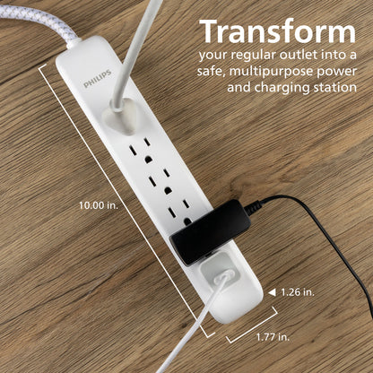 Philips 6-Outlet Surge Protector, 1080J, 6ft Braided Cord, White/Gray