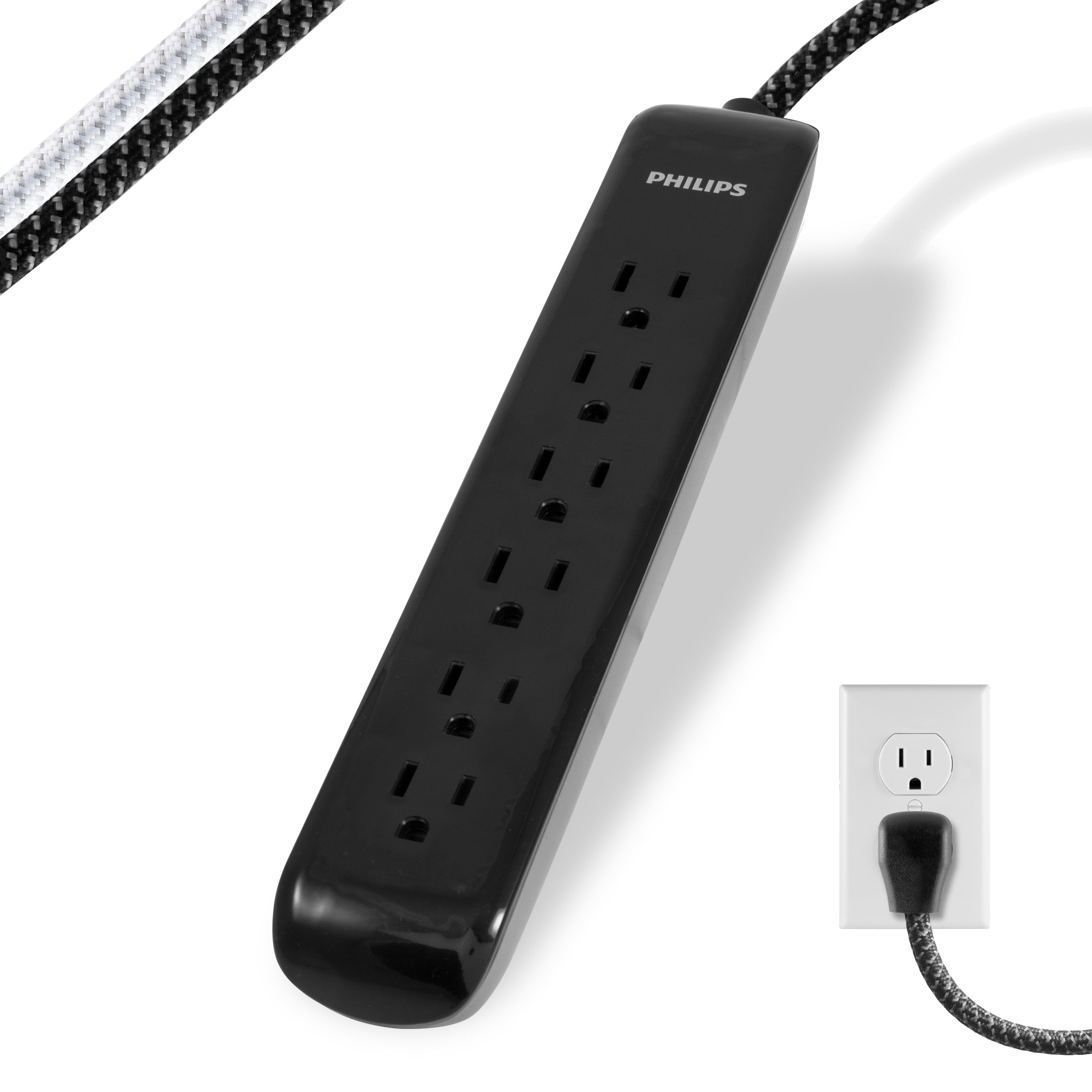 Philips 6 Outlet Surge Protector Power Strip, 4 Ft, Black
