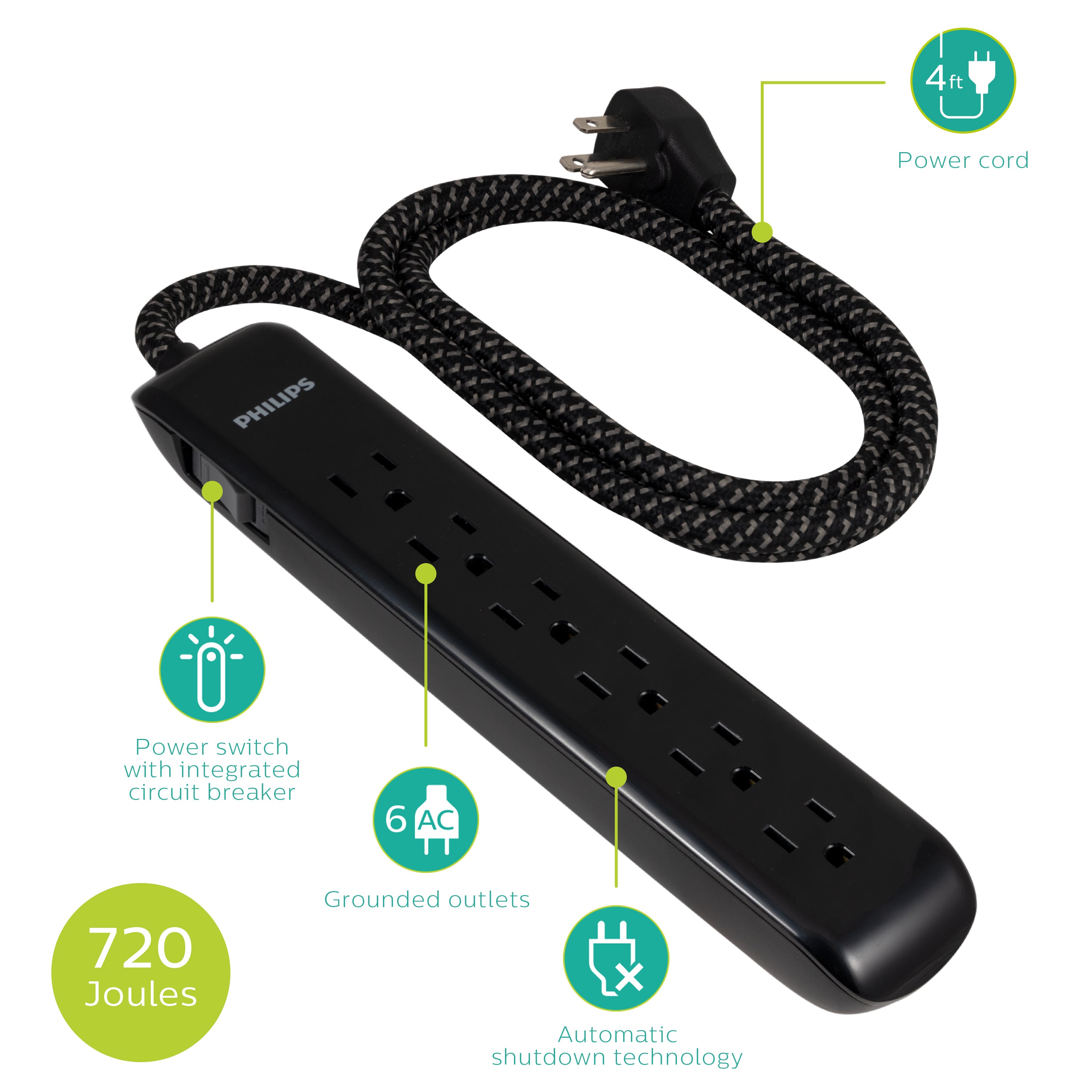 Philips 6 Outlet Surge Protector Power Strip, 4 Ft, Black