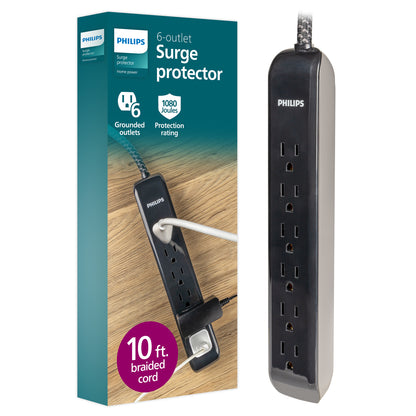 Philips 6-Outlet Surge Protector, 1080J, 10ft Braided Cord, Black