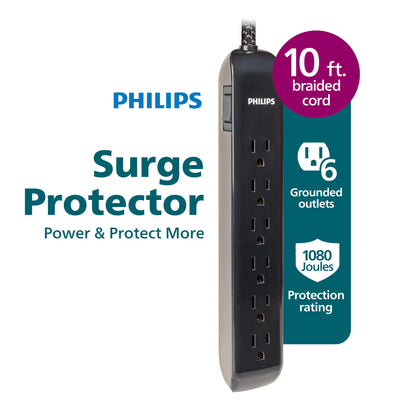 Philips 6-Outlet Surge Protector, 1080J, 10ft Braided Cord, Black