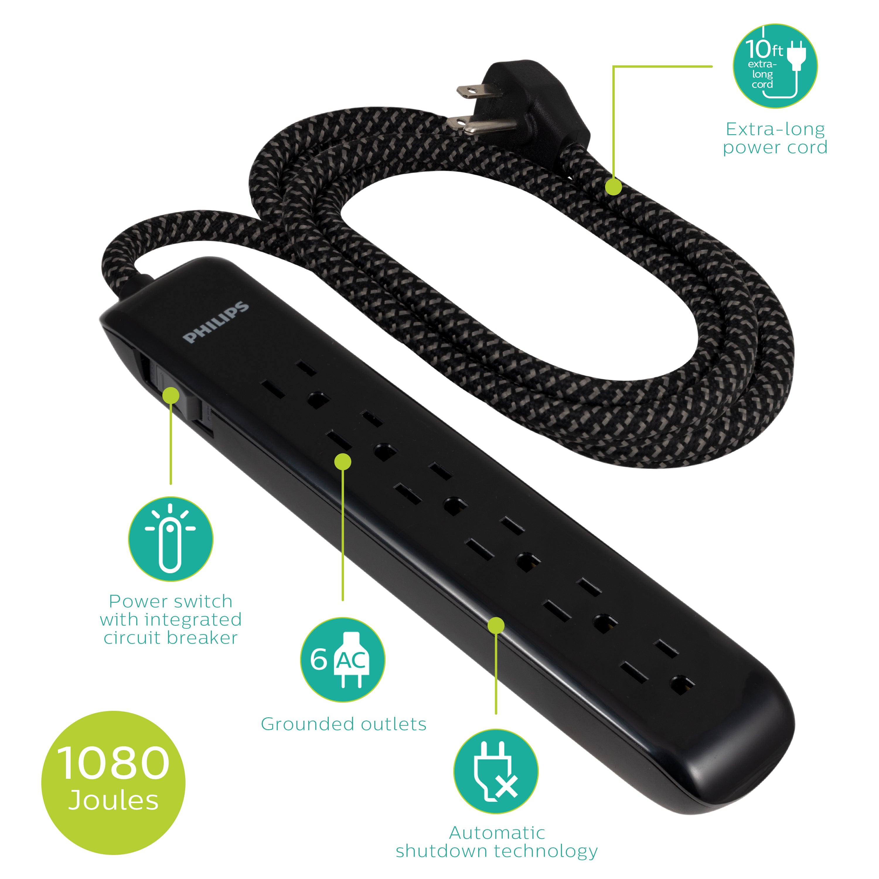 Philips 6-Outlet Surge Protector, 1080J, 10ft Braided Cord, Black