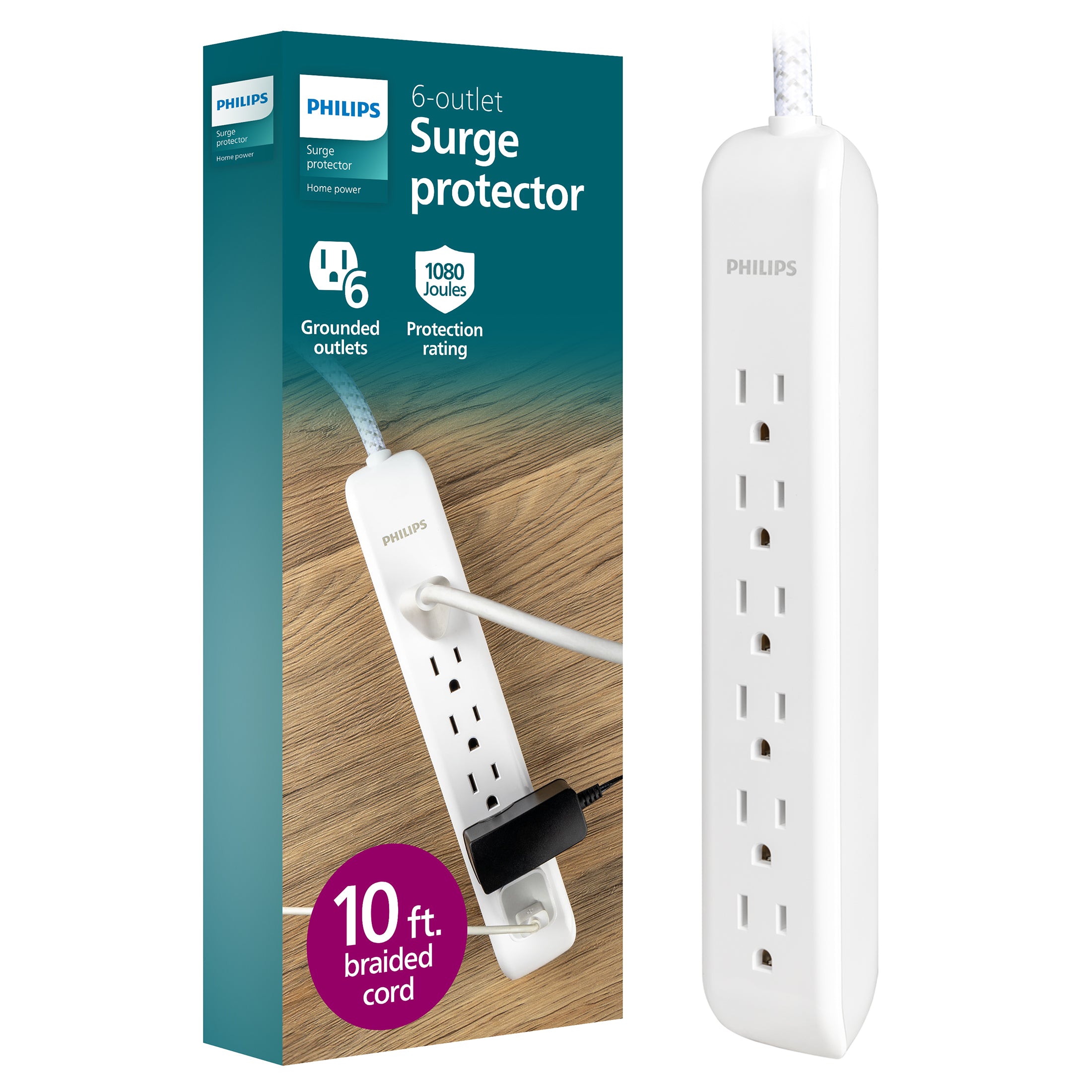 Philips 6-Outlet Surge Protector, 1080J, 10ft Braided Cord, White/Gray