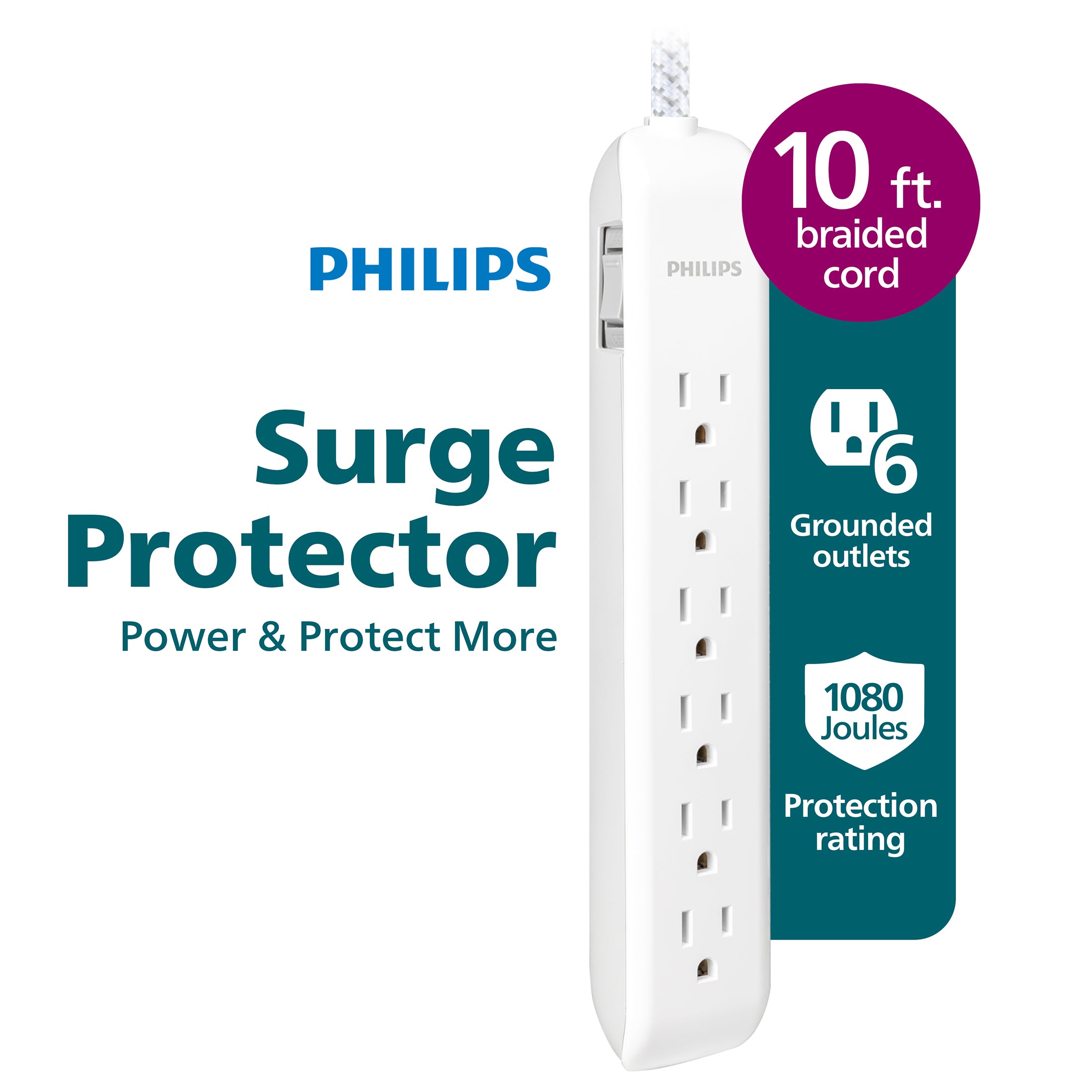 Philips 6-Outlet Surge Protector, 1080J, 10ft Braided Cord, White/Gray