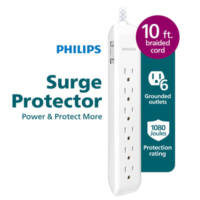Philips 6-Outlet Surge Protector, 1080J, 10ft Braided Cord, White/Gray