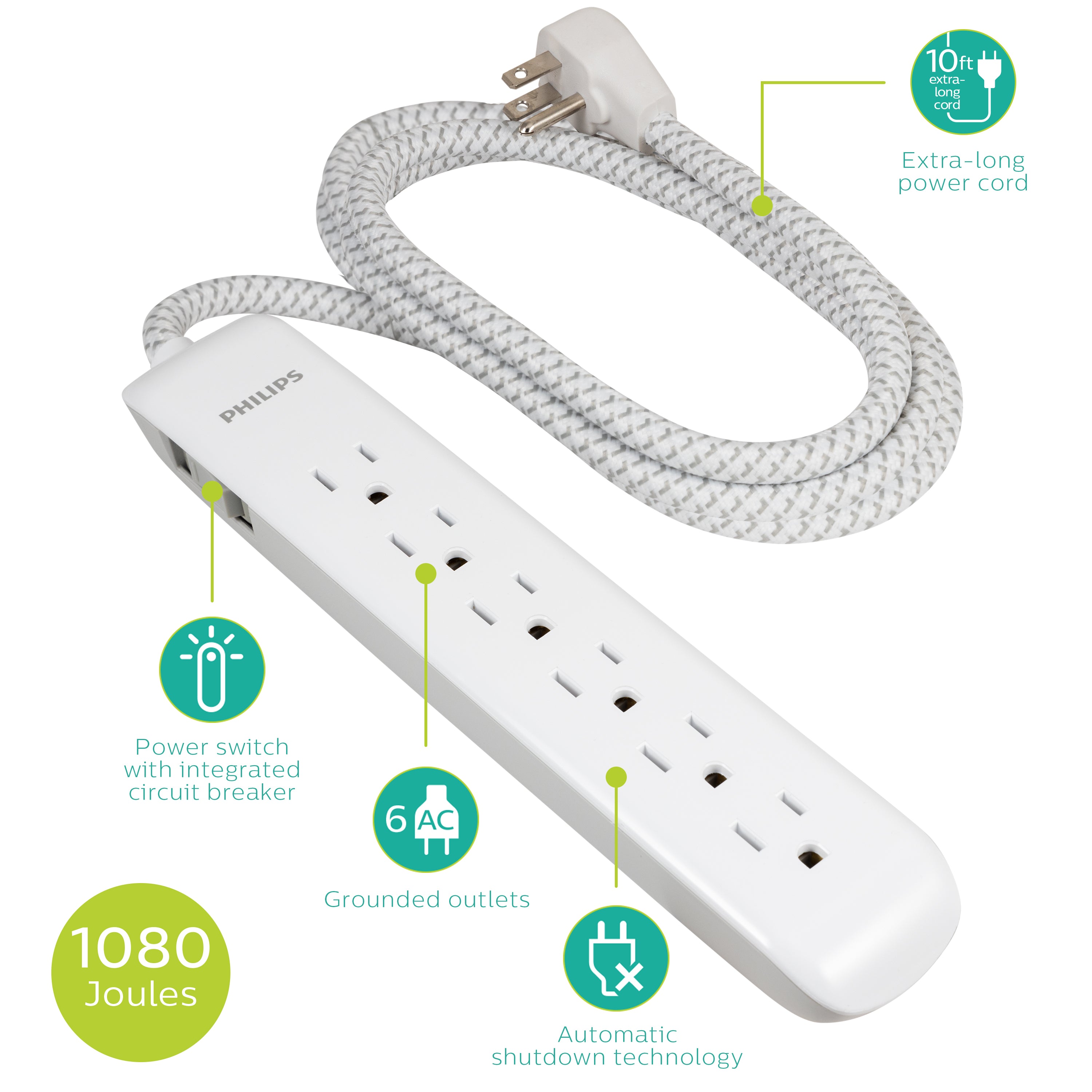 Philips 6-Outlet Surge Protector, 1080J, 10ft Braided Cord, White/Gray