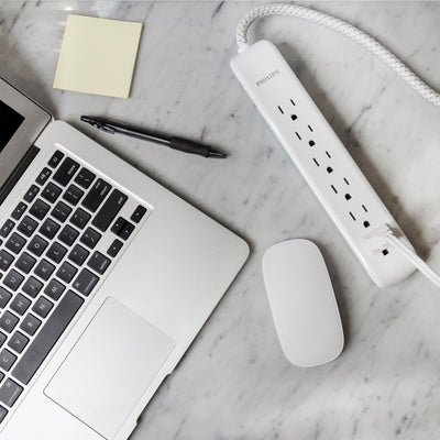 Philips 6-Outlet Surge Protector, 1080J, 10ft Braided Cord, White/Gray