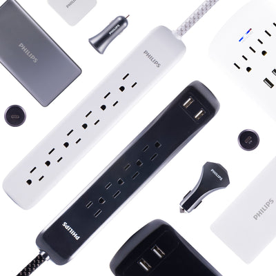 Philips 6-Outlet Surge Protector, 1080J, 10ft Braided Cord, White/Gray