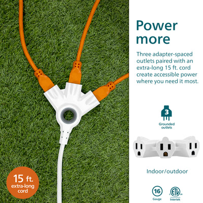 Philips EZGrip 3-Outlet Grounded Extension Cord, Indoor/Outdoor, 16 Gauge, 15ft., White