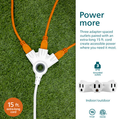 Philips EZGrip 3-Outlet Grounded Extension Cord, Indoor/Outdoor, 16 Gauge, 15ft., White