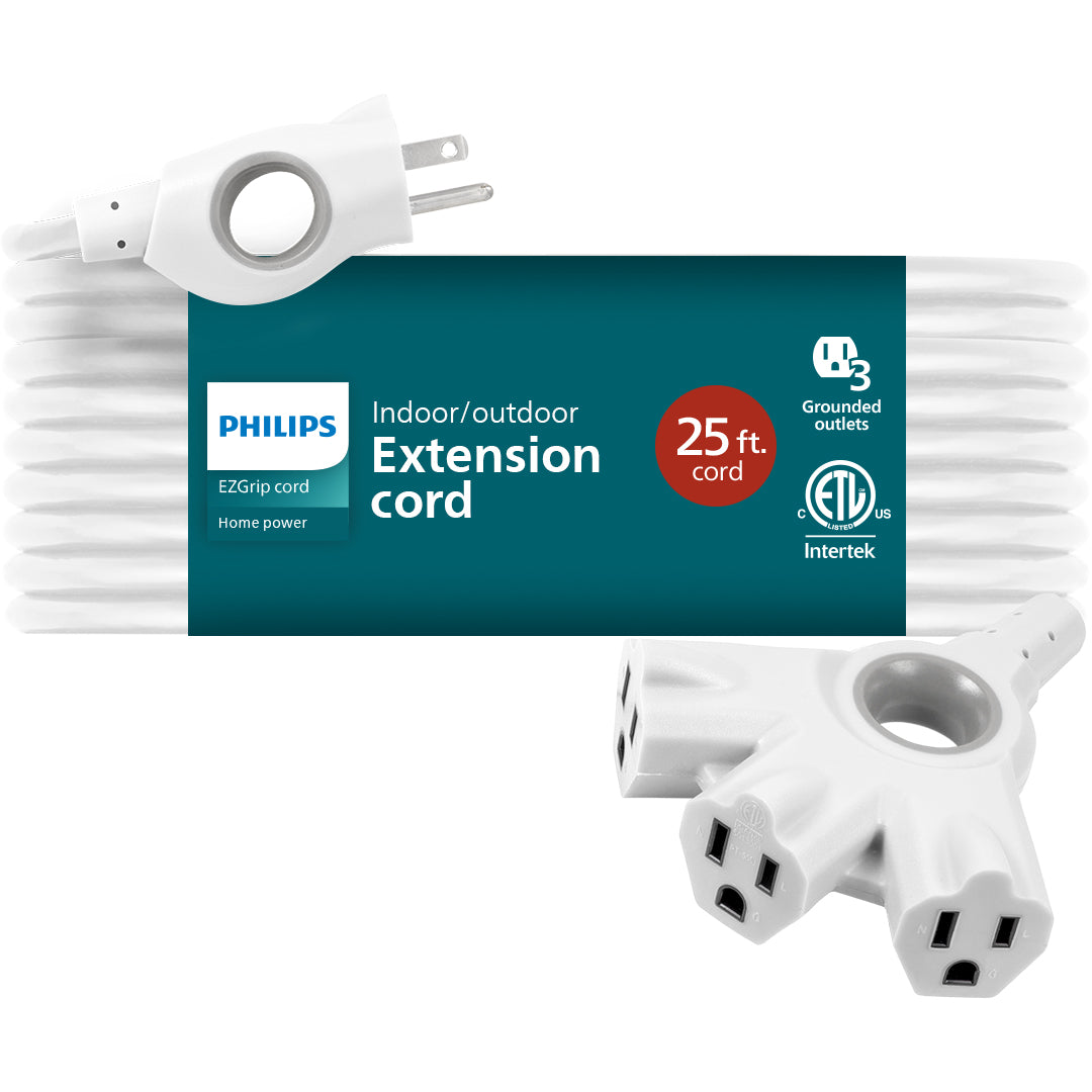 Philips 3-Outlet EZGrip Grounded Extension Cord, 25ft., Indoor/Outdoor, White