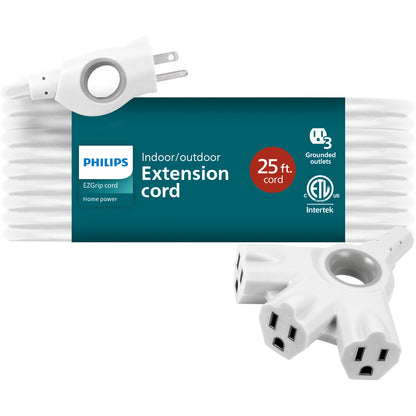 Philips 3-Outlet EZGrip Grounded Extension Cord, 25ft., Indoor/Outdoor, White