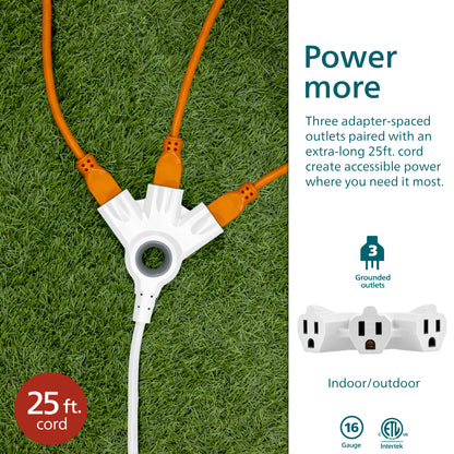 Philips 3-Outlet EZGrip Grounded Extension Cord, 25ft., Indoor/Outdoor, White