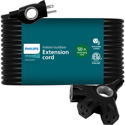 Philips 3-Outlet EZGrip Grounded Extension Cord, 50ft., Indoor/Outdoor, Black