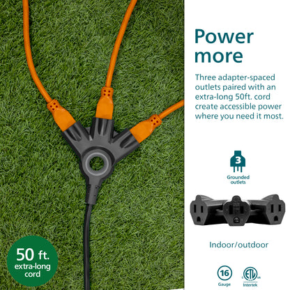 Philips 3-Outlet EZGrip Grounded Extension Cord, 50ft., Indoor/Outdoor, Black