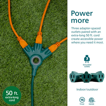 Philips 3-Outlet EZGrip Grounded Extension Cord, 50ft., Indoor/Outdoor, Green