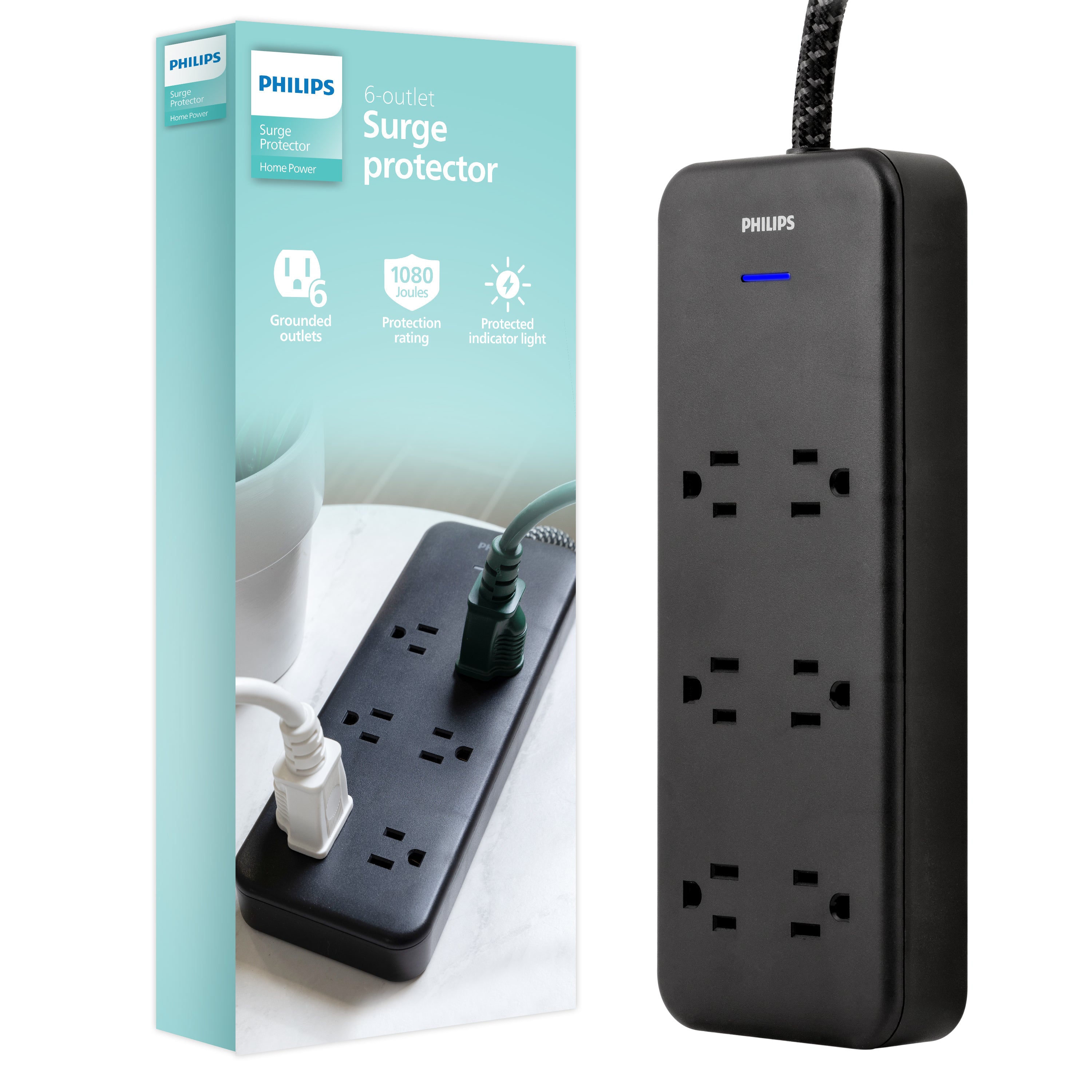 Philips 6-Outlet Surge Protector, 8 Ft, Black