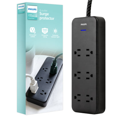 Philips 6-Outlet Surge Protector, 8 Ft, Black